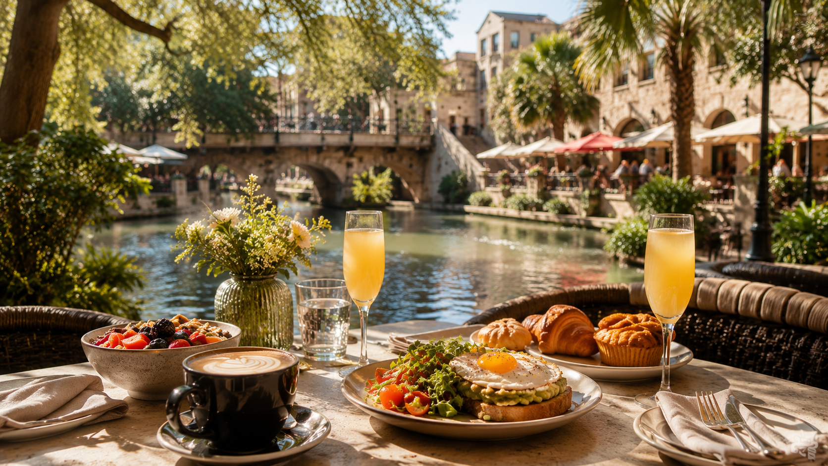 Brunch by a riverside terrace in San Antonio