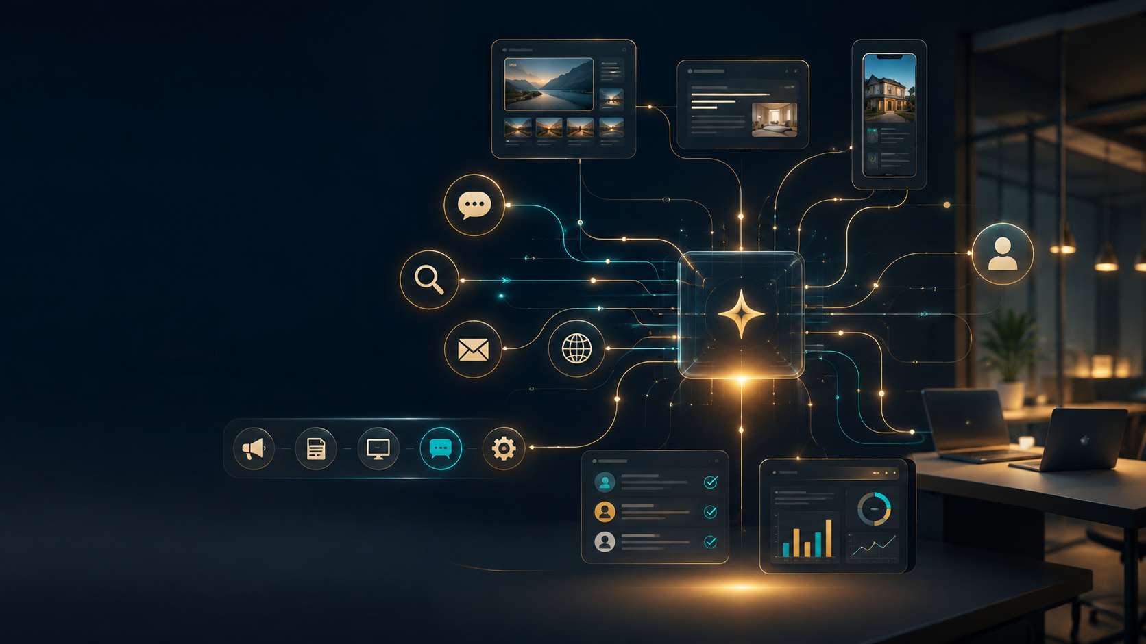AI-powered business systems connecting marketing, content, customer questions, automation, and follow-up