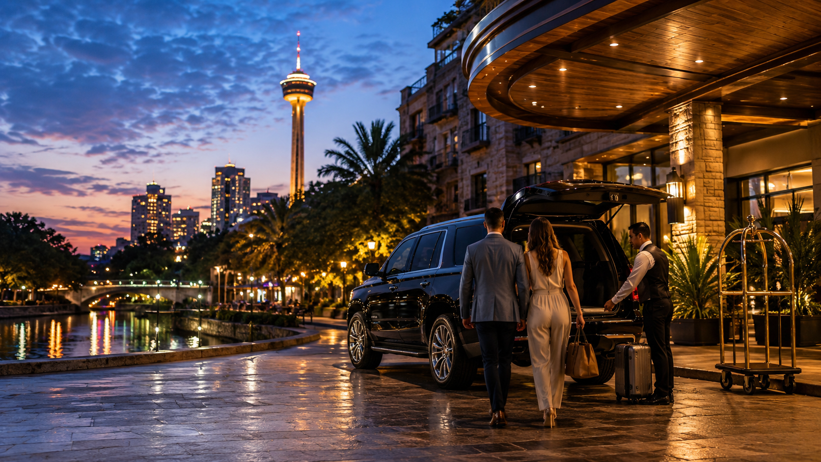 Elegant evening arrival at a riverside hotel entrance