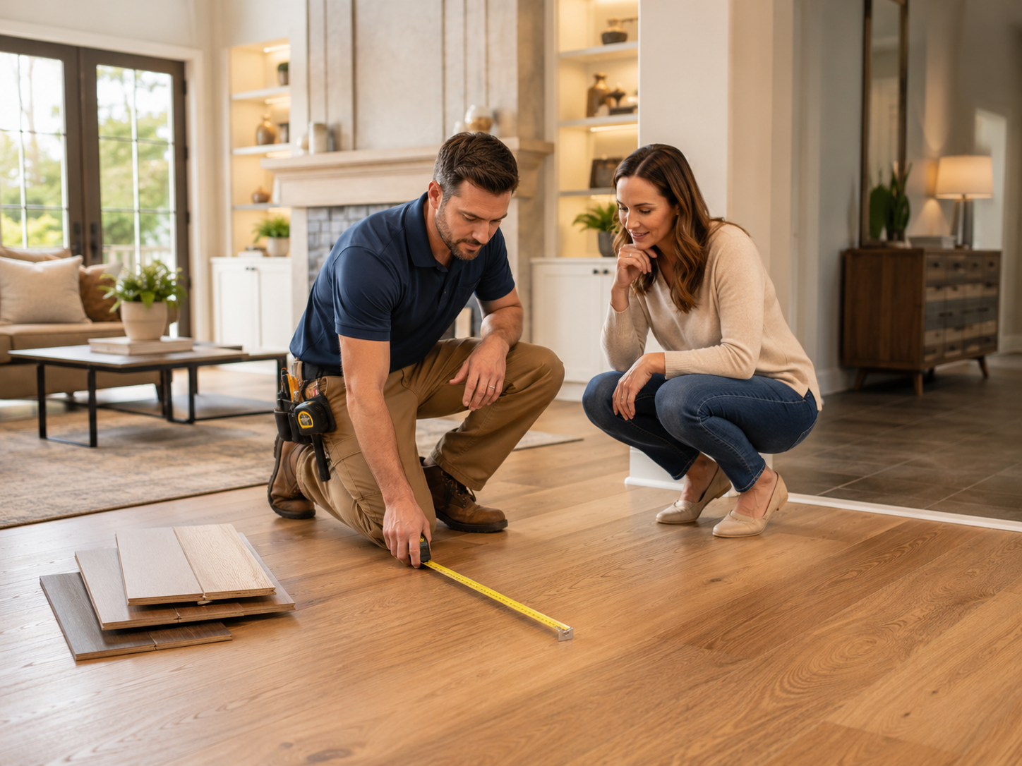 Flooring professional measuring a residential room for installation