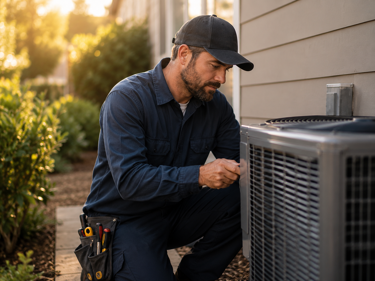 HVAC technician servicing a residential air conditioning unit