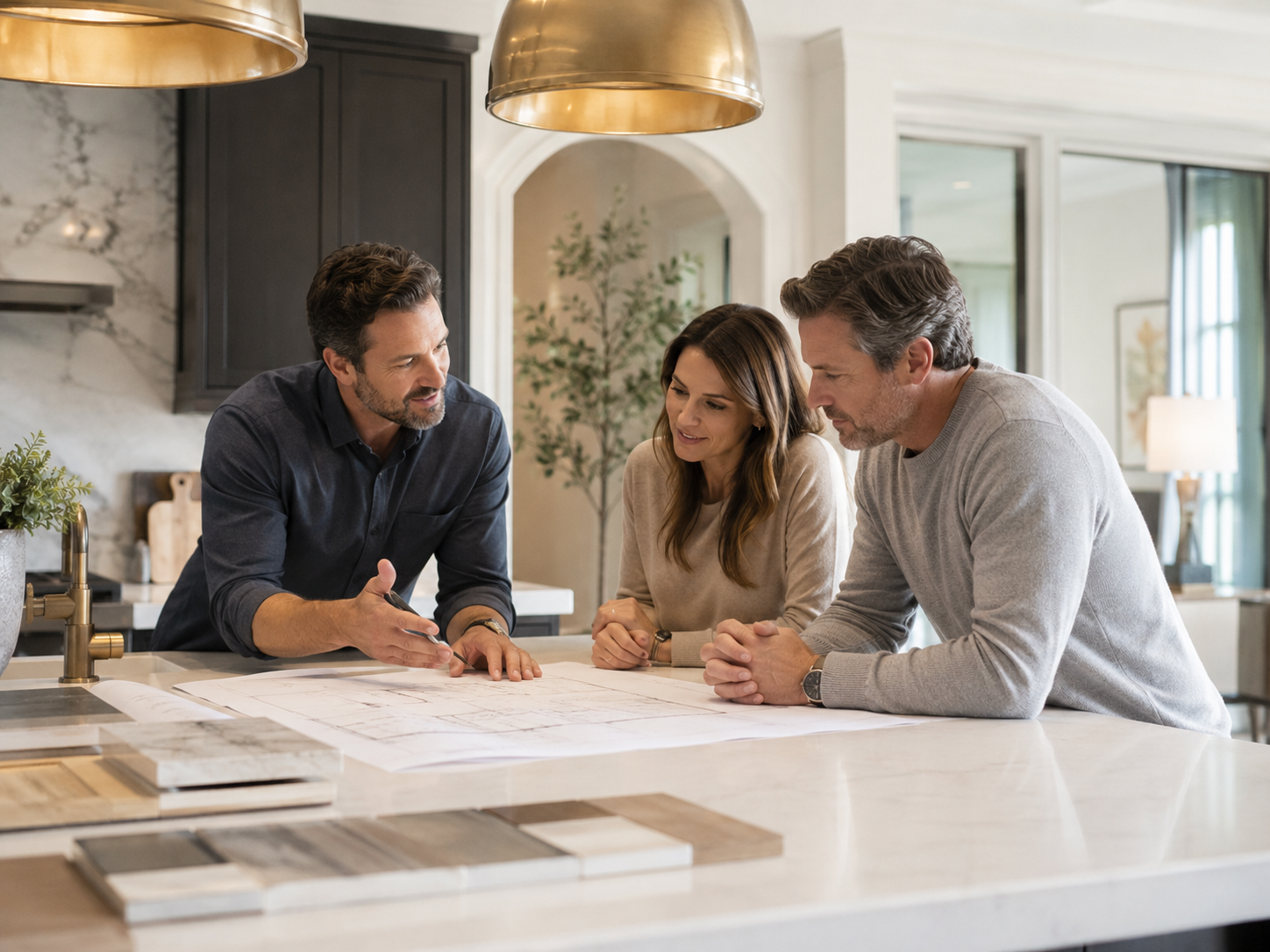 Remodeling contractor reviewing project plans with homeowners