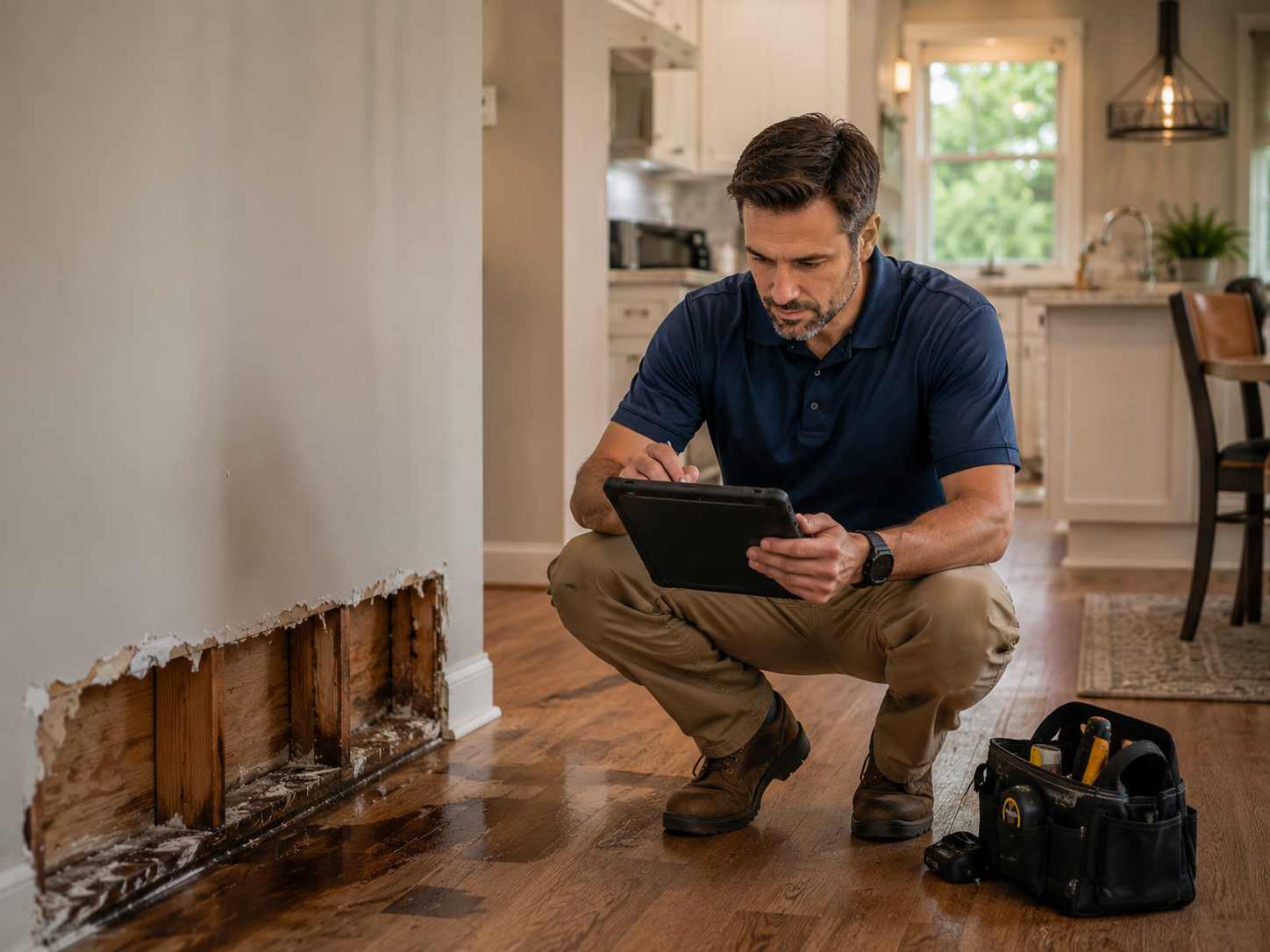 Restoration professional documenting property damage details