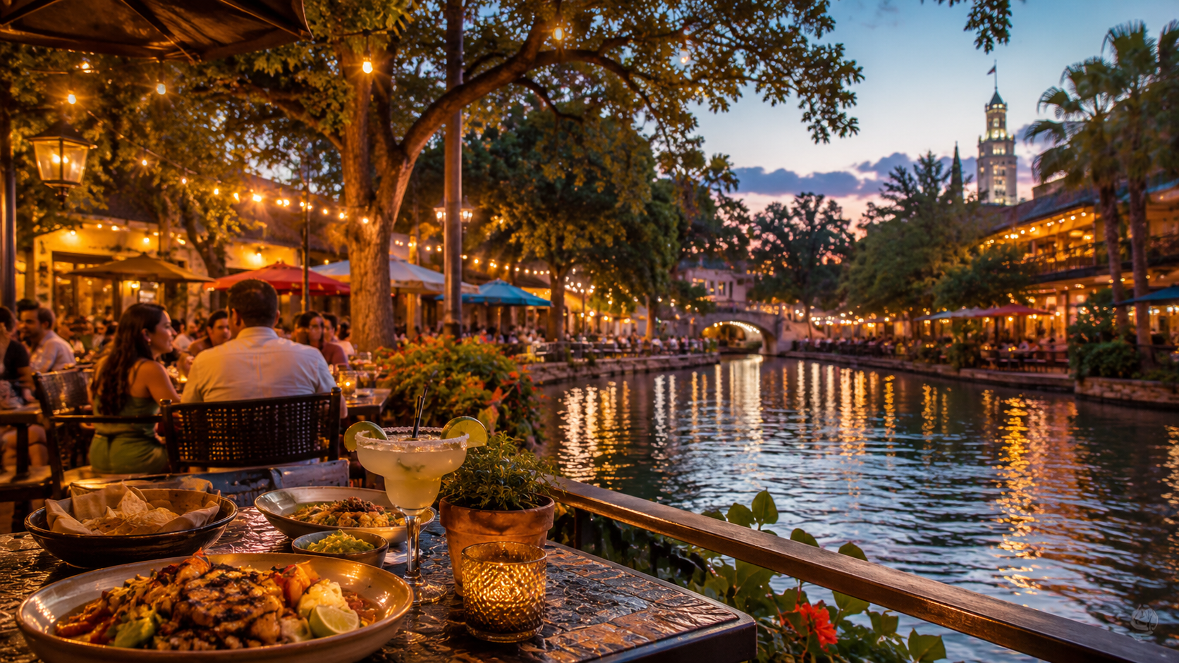 Downtown San Antonio dining at twilight