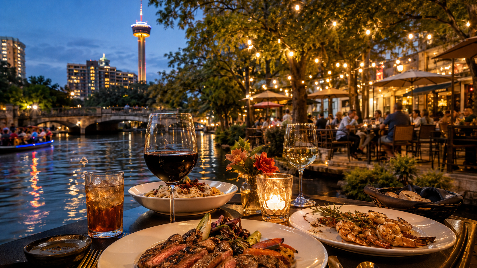 River Walk dining under warm lights