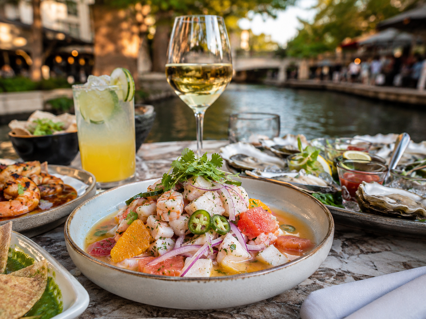Seafood dining at golden hour