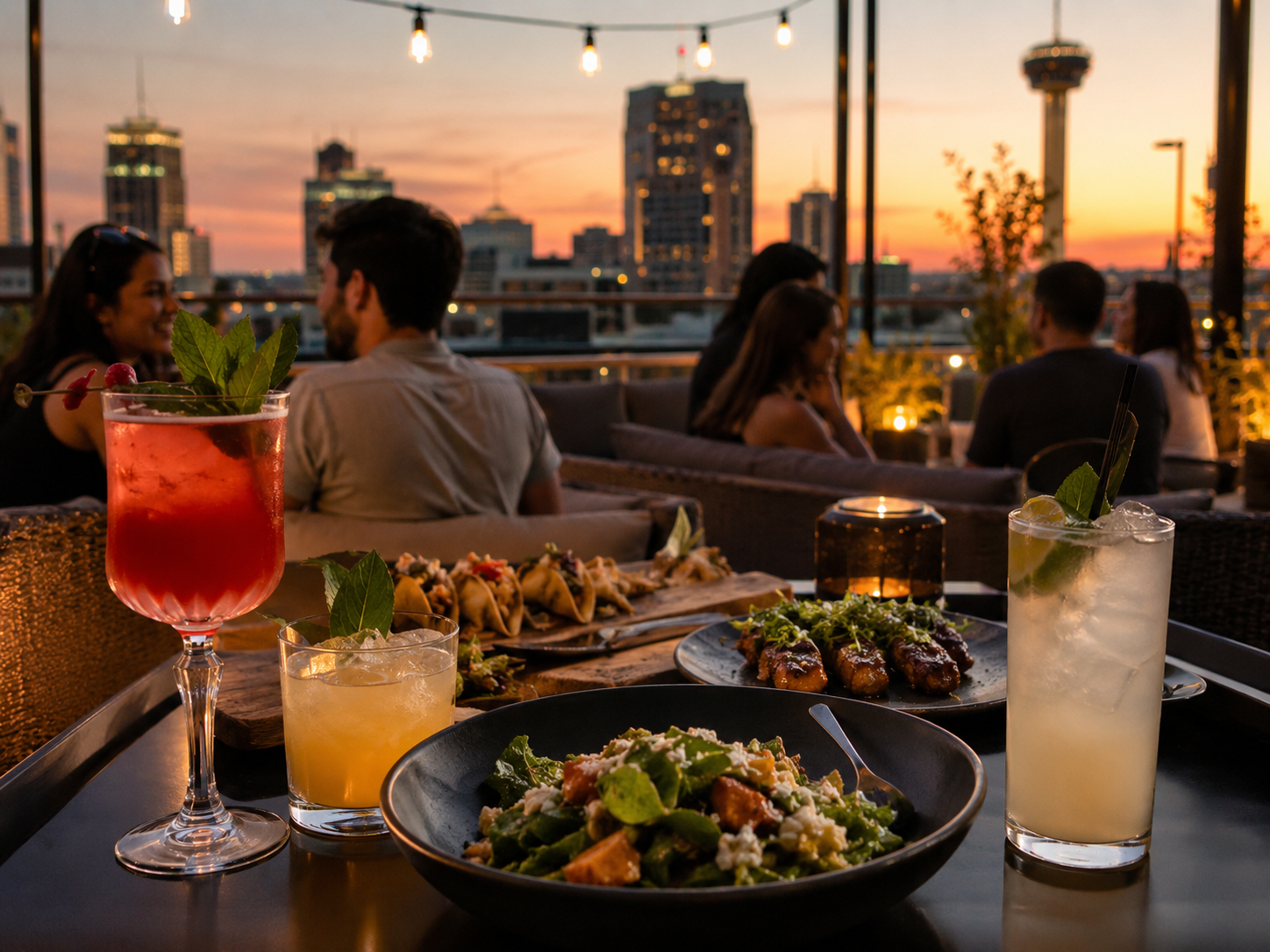 Rooftop sunset dining with cocktails